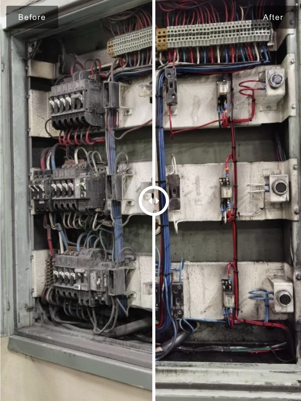 Before and after nano-material cleaning of an electrical distribution board