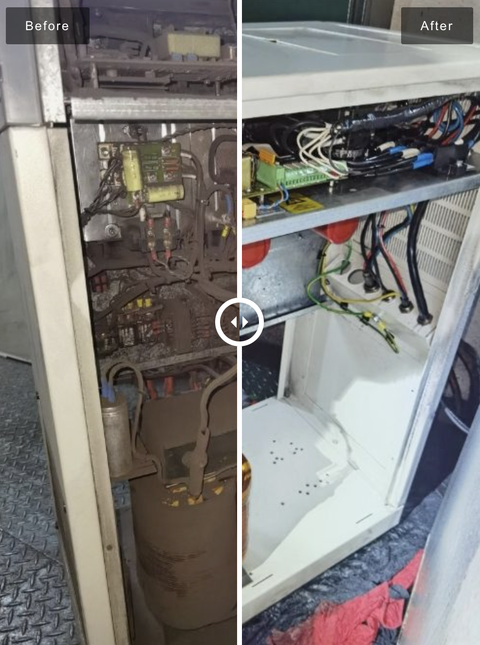 Before and after nano-material cleaning of a UPS unit